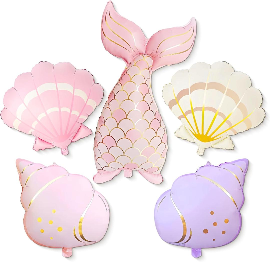 5PCS Mermaid Birthday Decorations Set Shell Balloon Ocean-Themed Balloons Foil Tail Balloons Girls' Party Decorations Sea Themed Party Birthday Party Decorations (Mermaid Set)