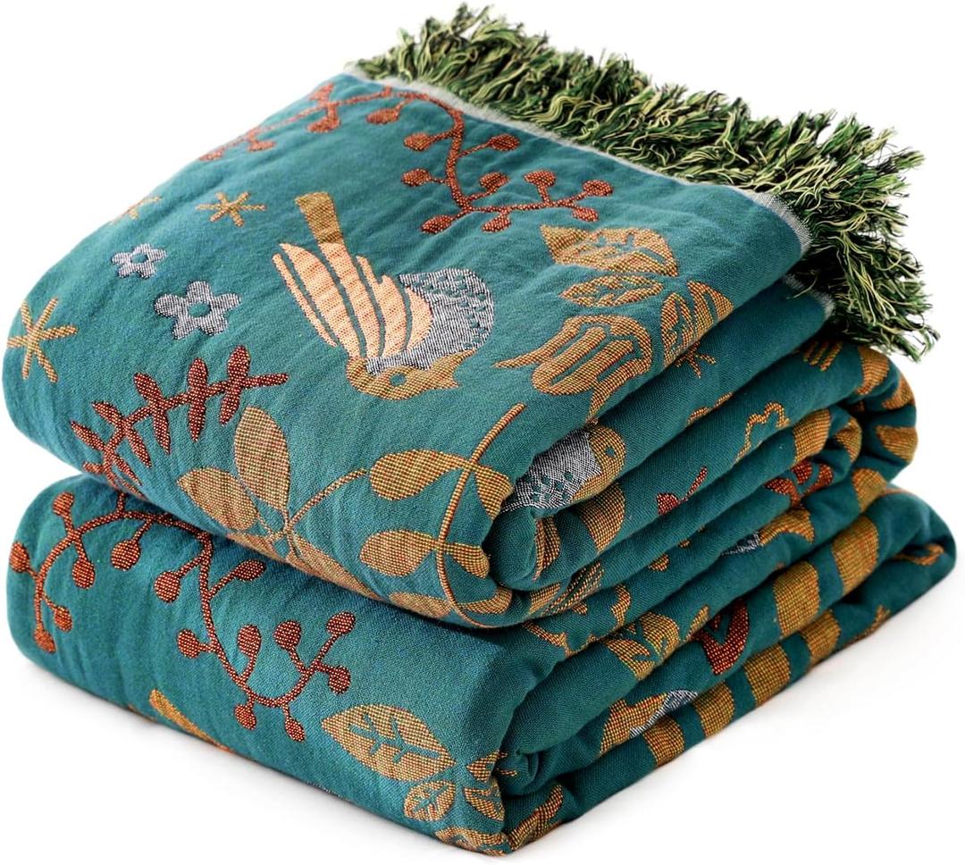 MSGKV Boho Throw Blanket 50"x60" Cotton Blanket for Couch and Sofa Cover for Living Room Summer Throw Decorative Woven Bird Blankets