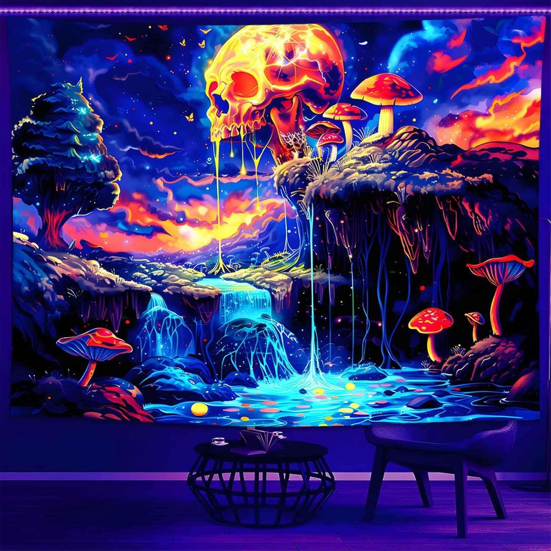 Onivein Blacklight Skull Forest Tapestry UV Reactive Skeleton Mushroom Waterfall Tree Tapestries Wall Hanging Aesthetic Tapestry for Bedroom Dorm Living Room Decor(59.1 x 78.7 Inches)