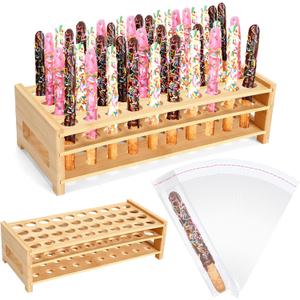 Pretzel Rod Holder and 100 Pcs Bags Plastic Clear Pretzel Sticks Stand up to 40 Rods for Wedding Birthday Treat Parties(Wooden)