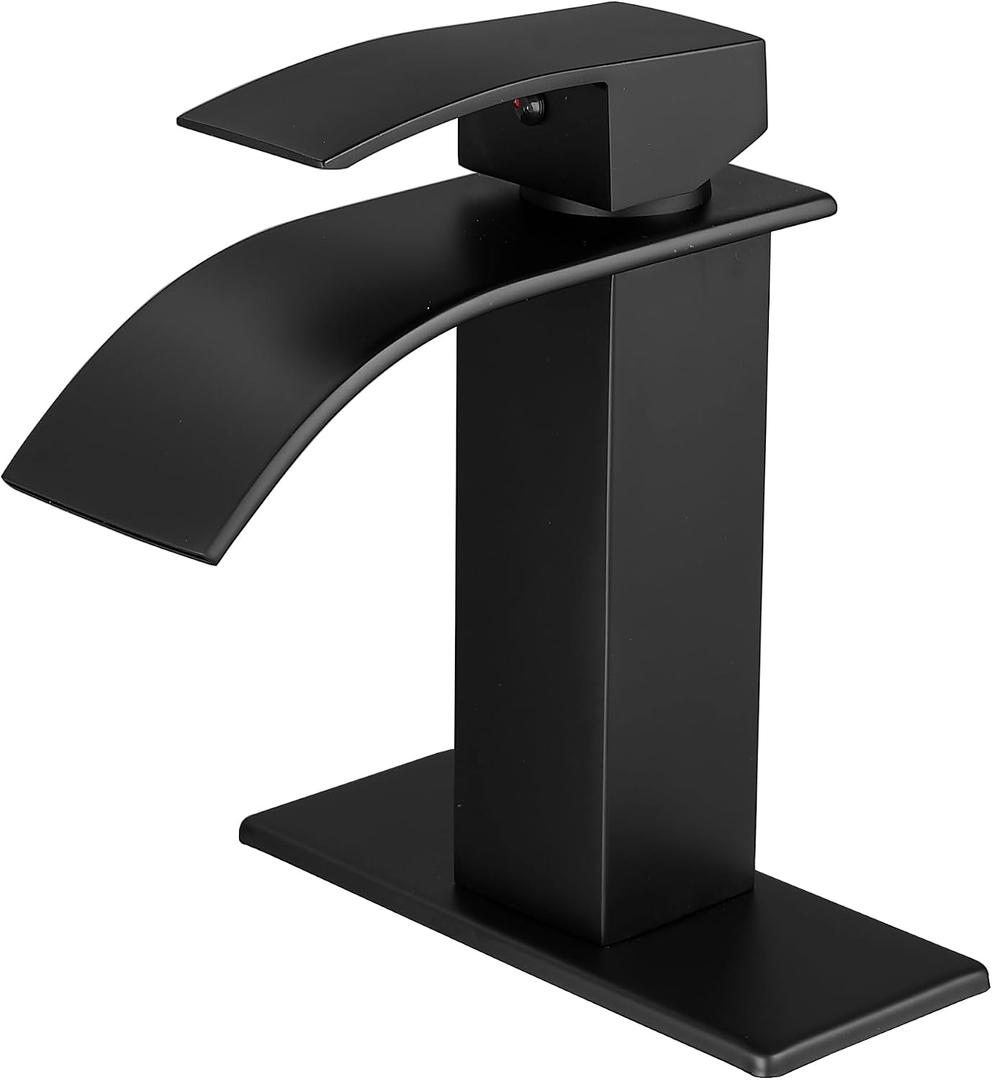 VOTON Black Bathroom Faucets Modern Waterfall Bathroom Sink Faucet Matte Black Single Handle Bathroom Faucet for 1 or 3 Holes with Deck Plate, Rv Sink Camper Farmhouse Bathroom Utility Remodel Faucet