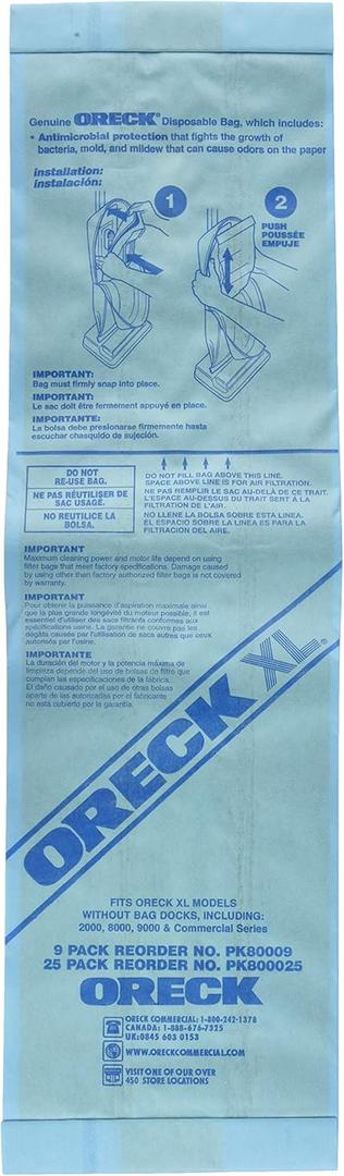 Oreck Commercial PK80009 Disposable Vacuum Bags XL Standard Filtration 9/Pack (FITS ORECK XL MODELS Without Bag DOCKS, INCLUDING 2000, 8000, 9000, and Commercial Series)