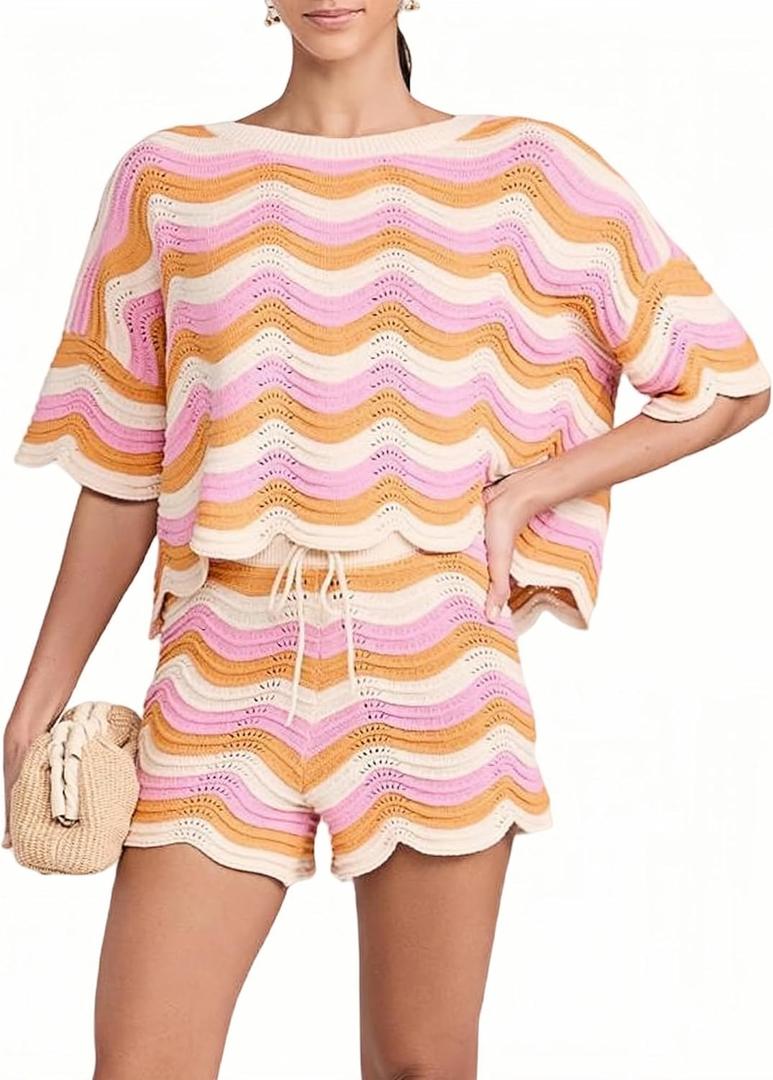 NIFTRIRY 2 Piece Sets for Women Short Sleeve Striepd Crochet Cover Up Tied Shorts Beach Clothes Pink (Large)