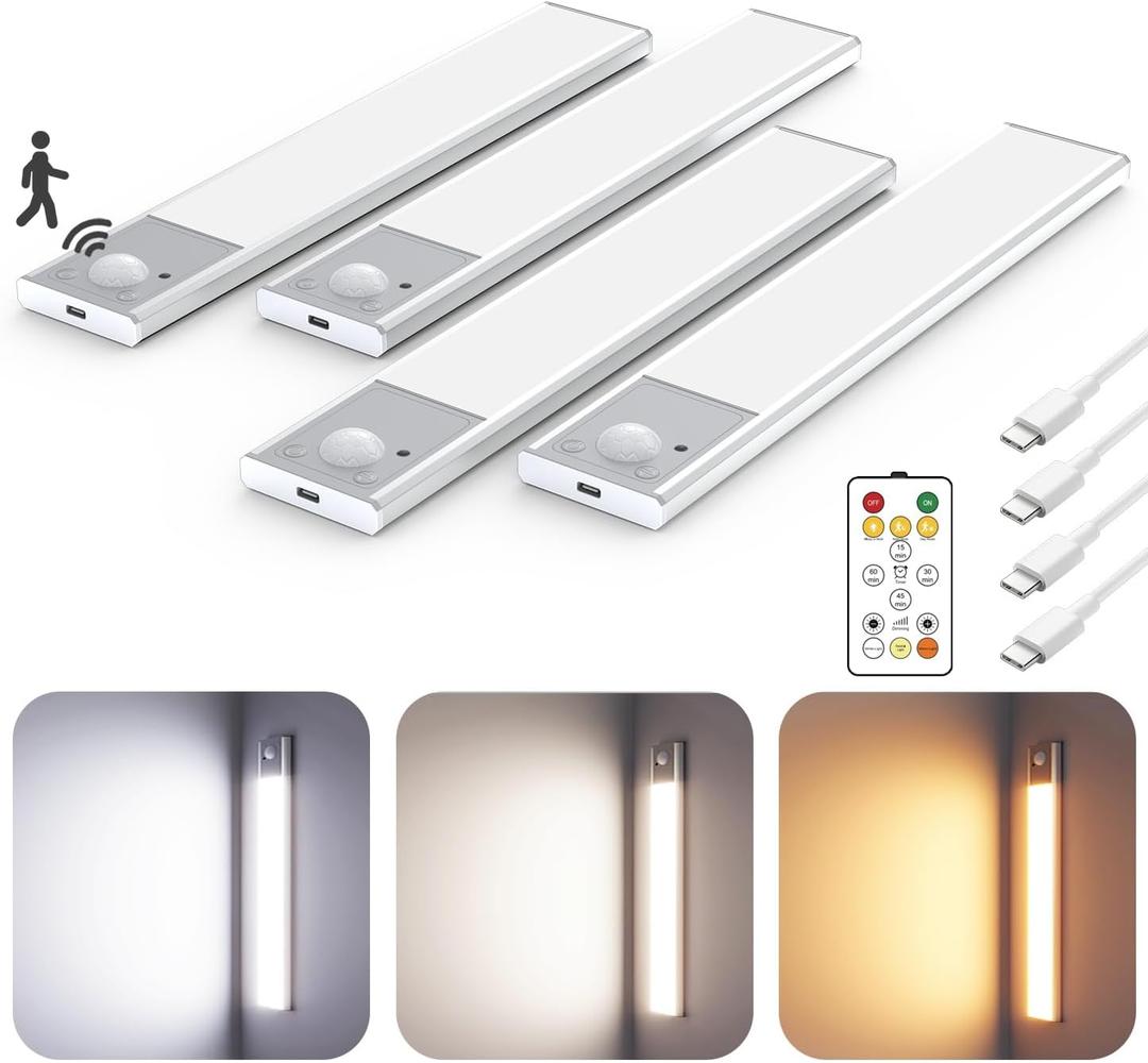 8" Ultra-Thin Under Cabinet Lighting Wireless, Aluminum Alloy Under Counter Lights for Kitchen, 3-Color-Temps Magnetic Closet Lights, Rechargeable Motion Sensor Light Indoor (4 Pack, Silver)