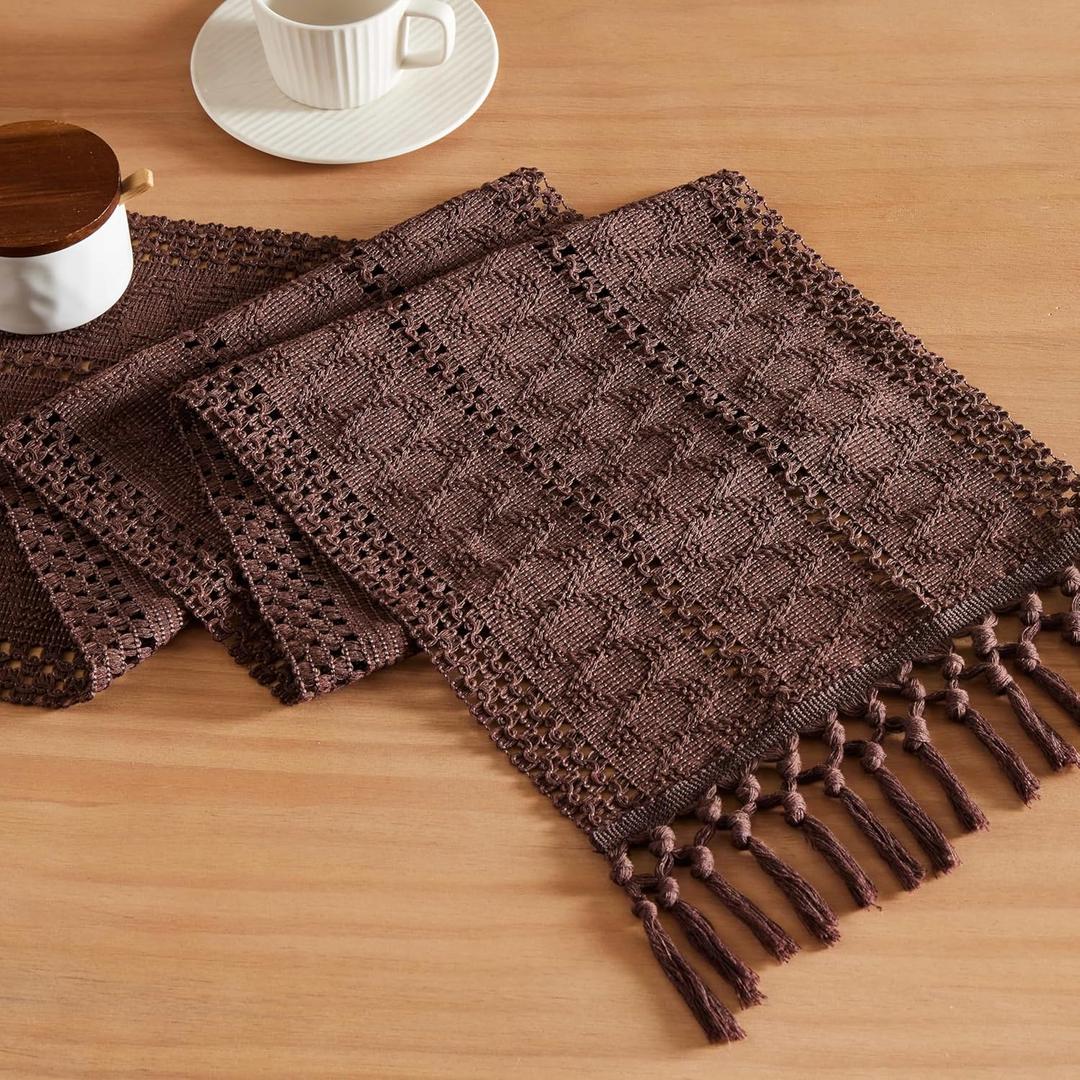ZeeMart Macrame Style Boho Table Runner, Dark Brown Table Runners 60 Inches Long, Farmhouse Woven Home Decor, 12x60 Inch, Chocolate