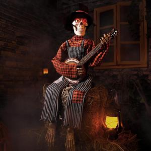 Halloween Animatronics Banjo Skeletons Decorations, Animated Skull with Sound Activated, Funny Voice, Light Up Eyes, Playing Musical Halloween Prop Decor for Indoor, Outdoor, Yard Lawn