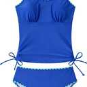 Funnycokid Teen Girls Swimsuit Padded Bathing Suit 2 Piece Tankini Contrast Trim Ruched Design Swimwear 9-16Y (15-16 Years, Blue)