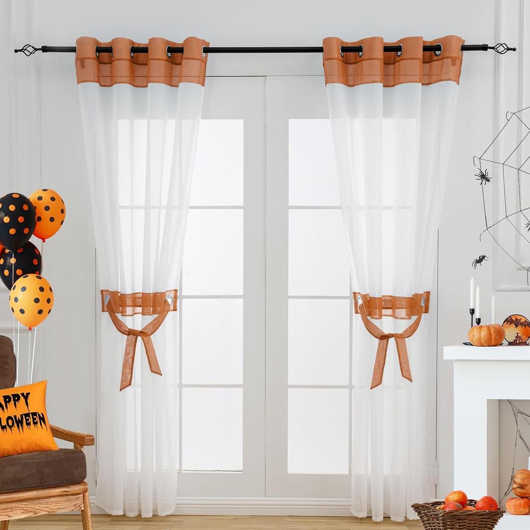 L.Z.E Burnt Orange and White Sheer Curtains 108 Inch Length 2 Panels, Extra Long Light Filtering Window Curtains for Living Room, Bedroom,Office and Nursery, Grommet Lightweight Decorative Curtains