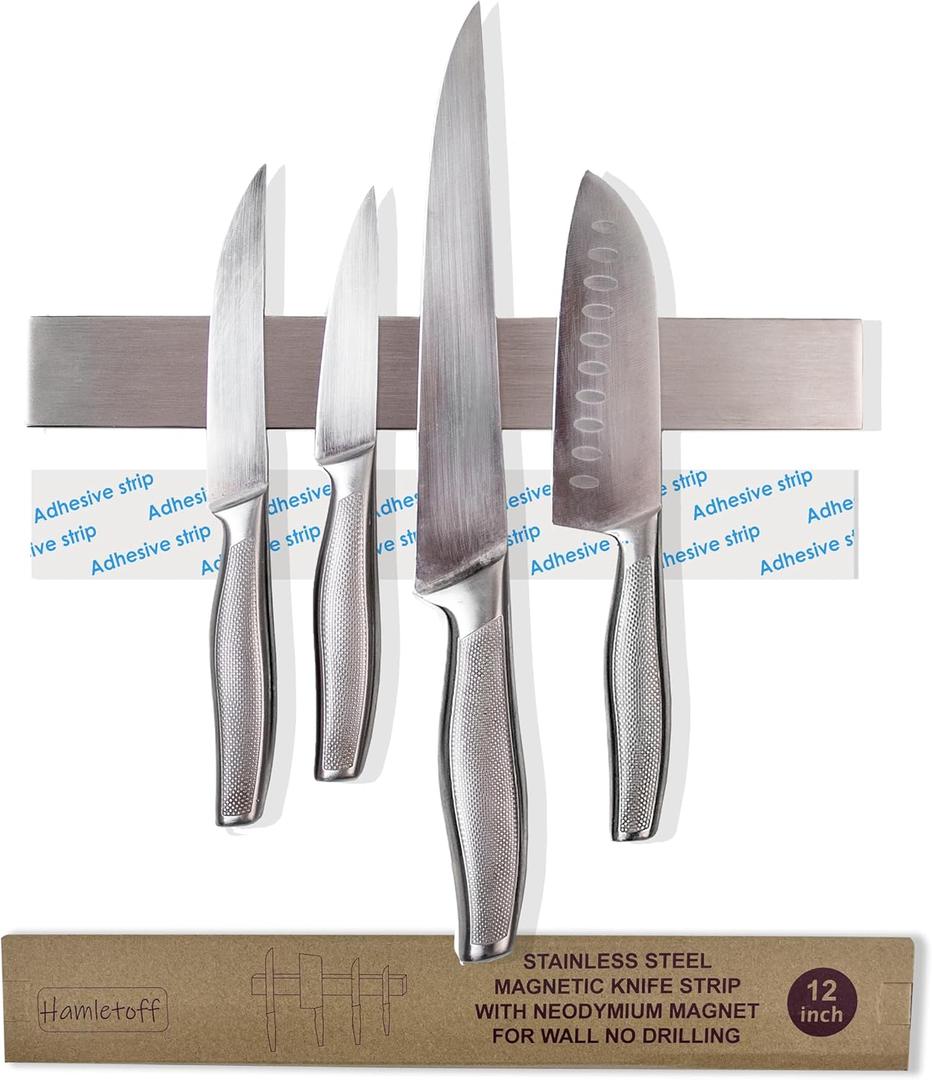 Premium Magnetic Knife Strip for Wall no Drilling  12 Inch Stainless Steel Magnetic Knife Holder with Neodymium Magnet Strong Adhesive Tape - Lightweight Kitchen Magnet Knife Bar
