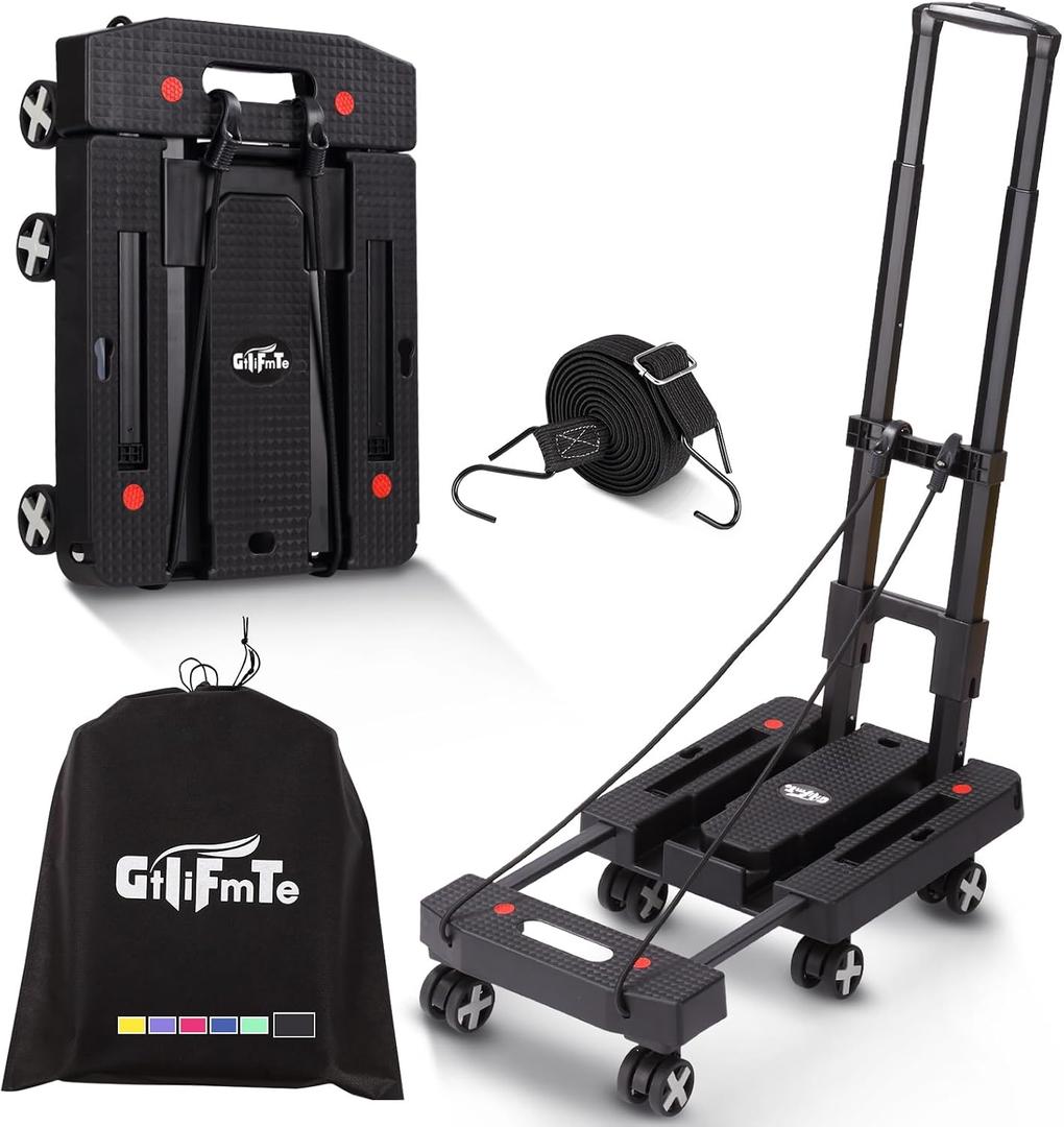 Folding Hand Truck Lightweight Hand Truck Dolly Foldable,Luggage cart with 6 Rotate Wheels, Utility Cart with Adjustable Handle,Collapsible Dolly for Moving (Black)