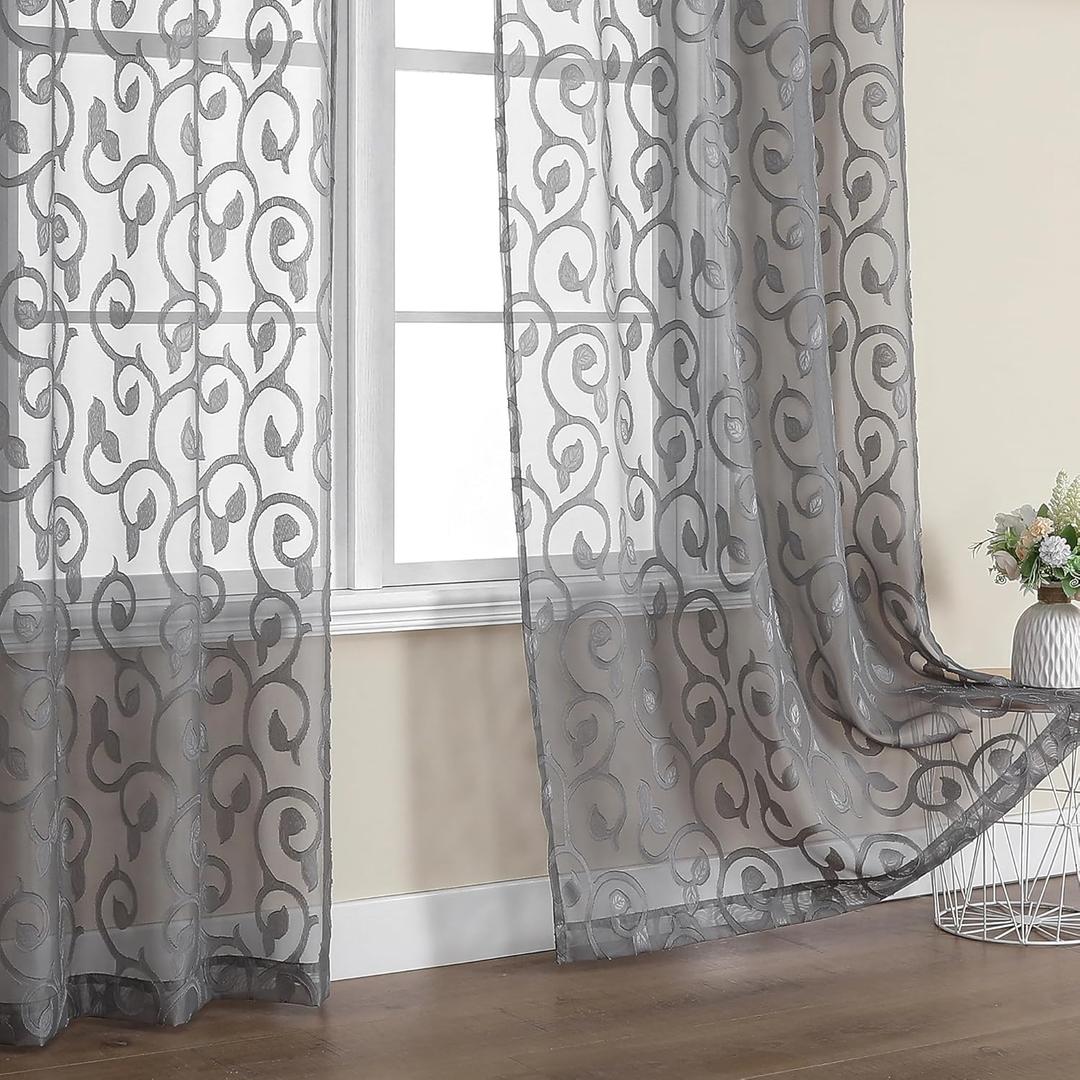 OWENIE Furman Sheer Curtains 84 inches Long for Bedroom Living Room 2 Panels Set, Light Filtering Window Curtains, Semi Transparent Voile Top Dual Rod Pocket, Grey, 40Wx84L inch, Total 84 Inches Width (Charcoal Gray)