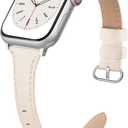 Slim Leather Band Compatible for Apple Watch 38mm 40mm 41mm 42mm Series 10, Slim Thin Elegant Top Grain Genuine Leather Strap Compatible for iWatch Series 10 9 8 7 6 5 4 3 2 1 SE Women (PealWhite)
