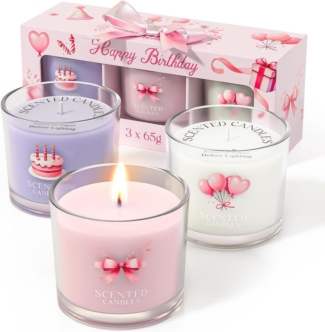Birthday Candles, Scented Candles Gift Set for Stress Relief, 3 Votive Candles for Women and Men, Birthday Candle Gifts for Women (Pink + Purple + White, 7 oz)