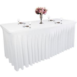 White Spandex Table Skirt for Rectangle Tables (4Ft) | 1-Pack Stretch Pleated Tablecloth for 48" L x 24" W x 30" H Rectangular Tables | Suitable for Banquets, Trade Shows, Birthday