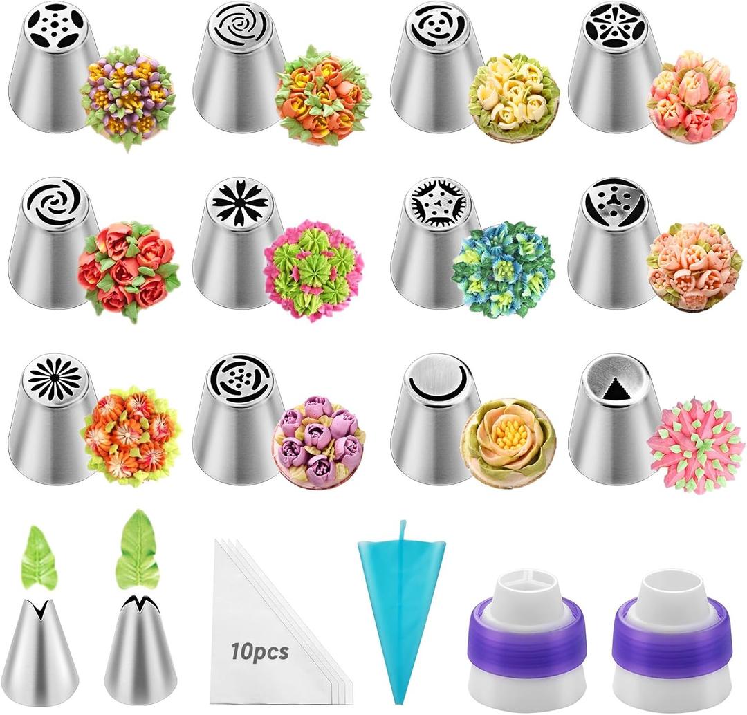 27-Piece Russian Piping Tips Set - Icing Bags and Tips Set Cake Decorating(12 Icing Tips 10 Pastry Baking Bags 2 Leaf Piping Tips 2 Couplers 1 Silicone Bag)