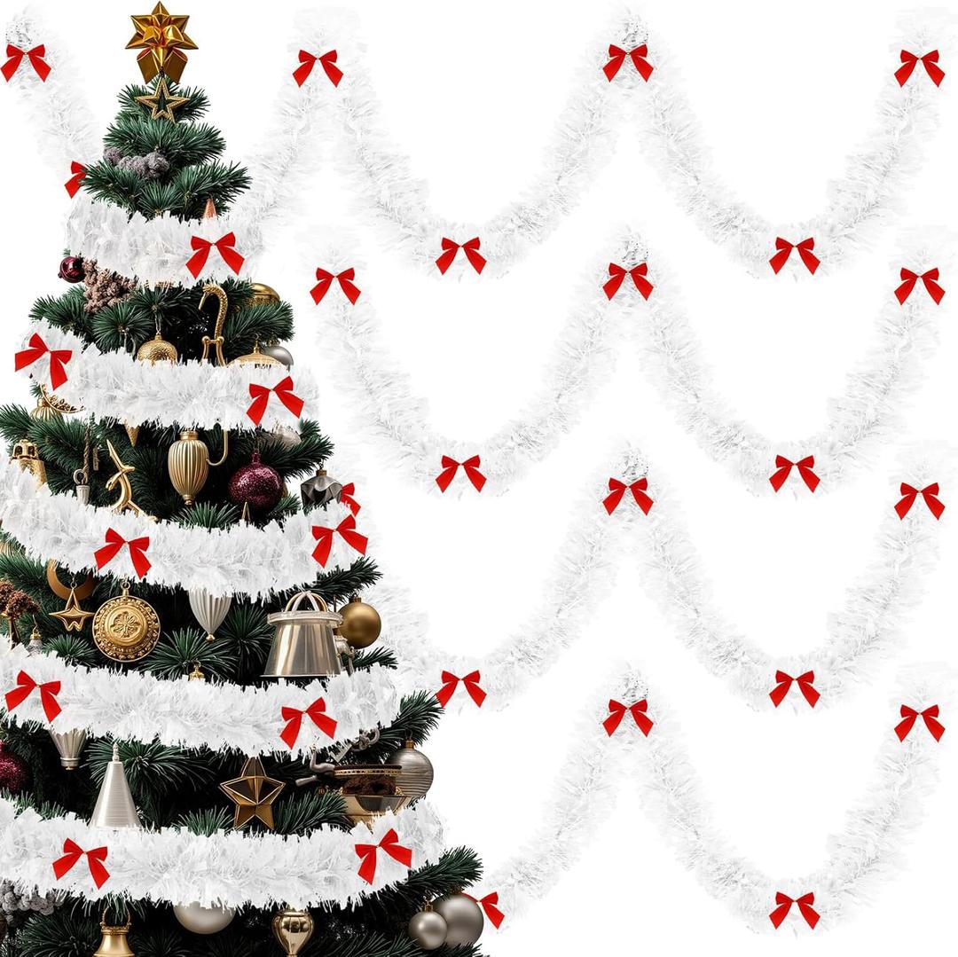 2pcs x 66ft Christmas Tinsel Garland with 40 Pcs Red Bows for Christmas Tree Birthday Party New Year Holiday Wedding Party Decoration(White)