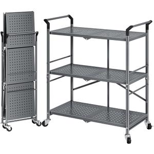 SNTD 3 Tier Rolling Carts with Wheels - Metal Folding Utility Cart for Office Kitchen Garage, Grey