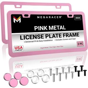 Premium Princess Pink License Plate Frames  2 Pack, Rust-Free Stainless Steel, Street Legal, Rattle-Free, Universal Slim Design with Screw Covers, Durable Car Tag Holders for Women, Cute & Girly Gift