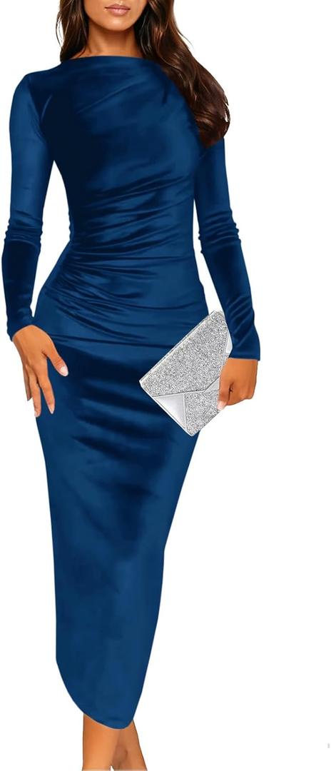Wenrine Women's Velvet Bodycon Midi Dress Long Sleeve Ruched Elegant Cocktail Party Dresses (Small, Navy)
