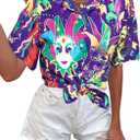 Mardi Gras T-Shirt Hawaii Shirts Women Street Carnival Themed Masks Graphic Tees Beach Vacation Short Sleeve Button Up Tops, S