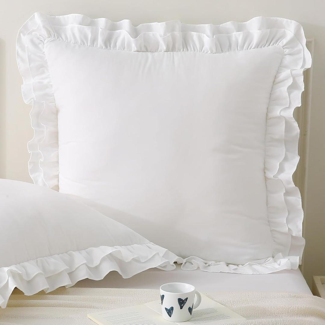 Aryeleay Ruffled Pillow Case Set, Pack of 2 Edge Ruffled Pillow Euro Shams 100% Polyester Bedding Pillow Covers with Envelope Closure (26x26 inches, White)