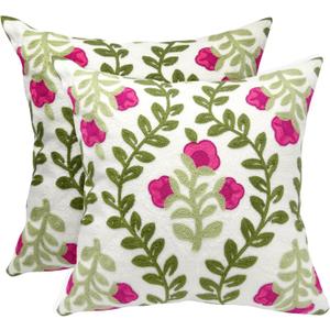 Alysheer Summer Decorative Throw Pillow Covers 18"x 18" Set of 2, Floral Embroidered Farmhouse Hot Pink Flowers Green Vine Patterned Cotton Canvas Cushion Case for Sofa Couch Bed Living Room Decor