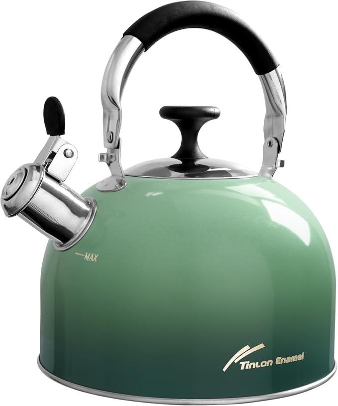 Tea Kettle Stovetop,Stainless Steel Whistling Tea Kettle For Stove Top, 2.5 Qt Tea Pot With Folding Handle, Food Grade Water Teapot Water Kettle For Stove Home Camping Travel,Gradient Green