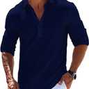 OYOZONE Mens Linen Polo Shirts Long Roll-Up Sleeve Casual Summer Beach Vacation Hippie T-Shirts 2XL