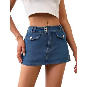 Genhoo Women's Denim Mini Skirt Sexy Low Rise Jean Skirt with Shorts Underneath 2026 Trendy Summer Casual Micro Skort (Blue)
