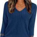 PRETTYGARDEN Women's Long Sleeve Shirts Ribbed Knit V Neck Tee Dressy Casual Blouses Going Out Tunic Tops 2026 Fall Outfits (Blue, XXL)