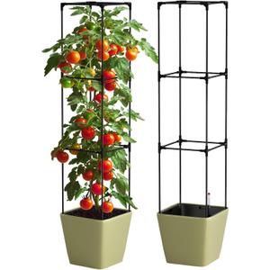 DoCred Self Watering Tomato Planter with Trellis, Large Flower Pot with Water Level Monitor, Square Garden Planters Plant Pots for Outdoor & Indoor Plants Flowers Decor, Gold