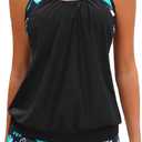 Women Two Piece Tankini Swimsuits - Tummy Control Bathing Suits Top with Shorts 2025 Blouson Swimwear (Black, L)