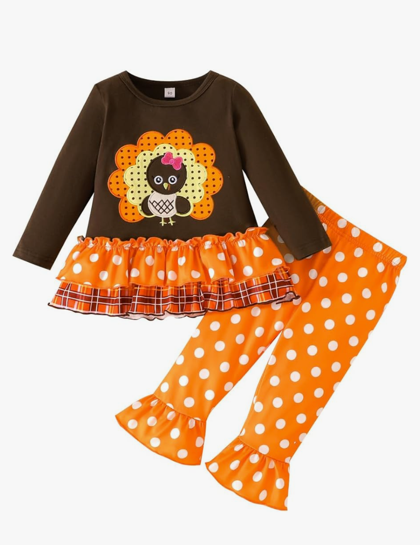 XFGLCK 1-6T Toddler Kids Baby Girls Thanksgiving Turkey Clothes Outfit Long Sleeve Ruffle Top+ Dot Pant Fall Winter 2PCS, Size 100