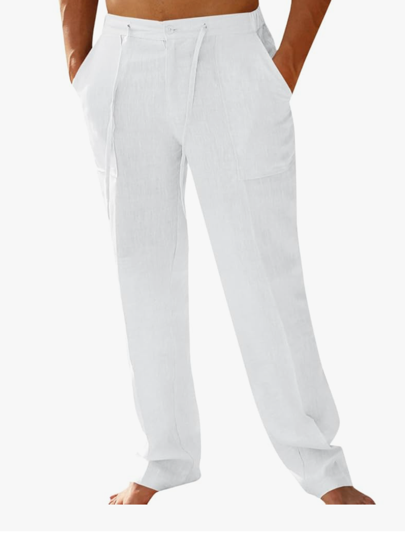 PASLTER Mens Casual Linen Pants Loose Fit Elastic Drawstring Waist Straight-Legs Summer Yoga Beach Long Pants, Size XXL