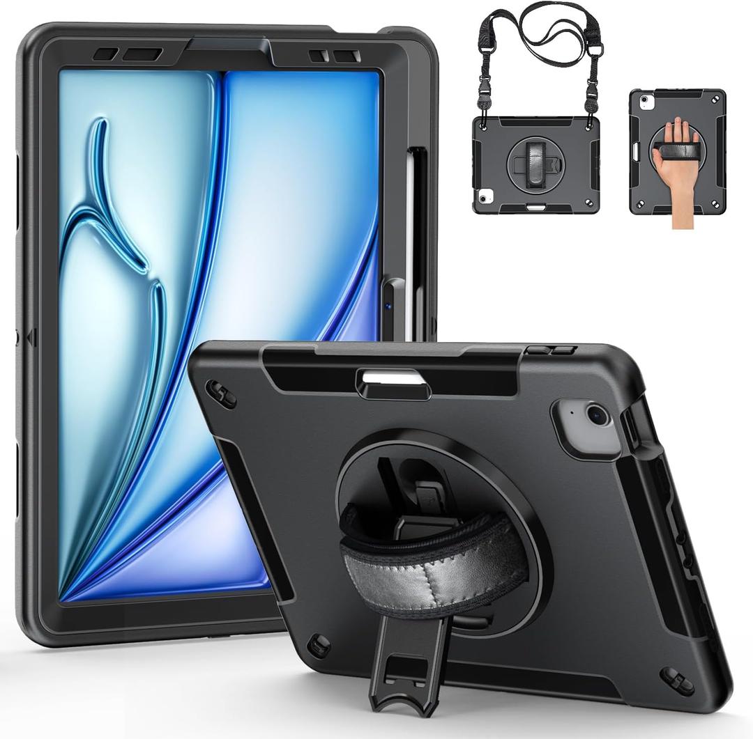Junfire Protective Case for iPad Air 11-inch M4/M3/M2 (2026/2025/2024), Shockproof Rugged iPad Air 11 Case with 360Rotating Kickstand/Hand Strap/Shoulder Strap/Stylus Holder-Black