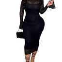 CALEBGAR Women's Elegant Bodycon Midi Dress Lace Sheer Mesh Long Sleeve Slim Fit Long Dress Party Cocktail Wedding Guest Dress Black L