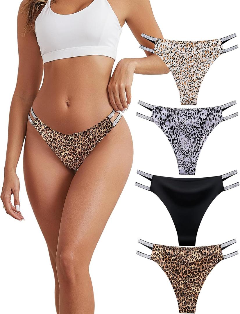 Womens Seamless Sexy Panties Leopard Underwear Shiny Elastic Waist Band Invisibles Briefs No Show Hipster Panty Pack (Small, D-4 Pack-order One Size Up)