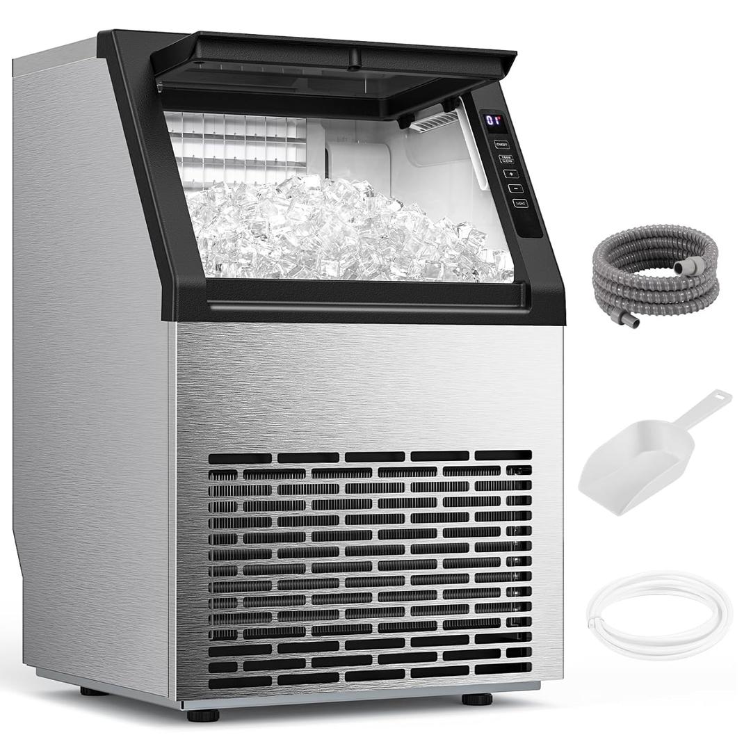 COWSAR Commercial Ice Maker Machine, Self-Cleaning Ice Machine for Home, Bar, Restaurant, Office and Outdoor，80Lbs/24H Freestanding Undercounter Ice Maker with 24Lbs Storage Capacity, Silver 15.28"D x 14.57"W x 23.11"H