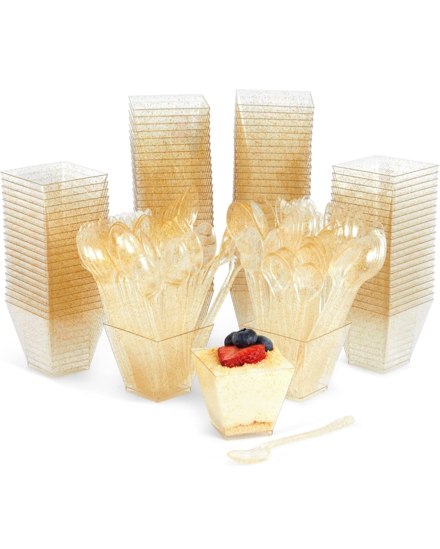 BLUE PANDA 200 Pack Gold Glitter Square Dessert Cups with Spoons, 100 Disposable Mini Dessert Shooter Cups with 100 Spoons for Party Events, Appetizers, Tasting Party, Snacks, Parfait (2 oz)