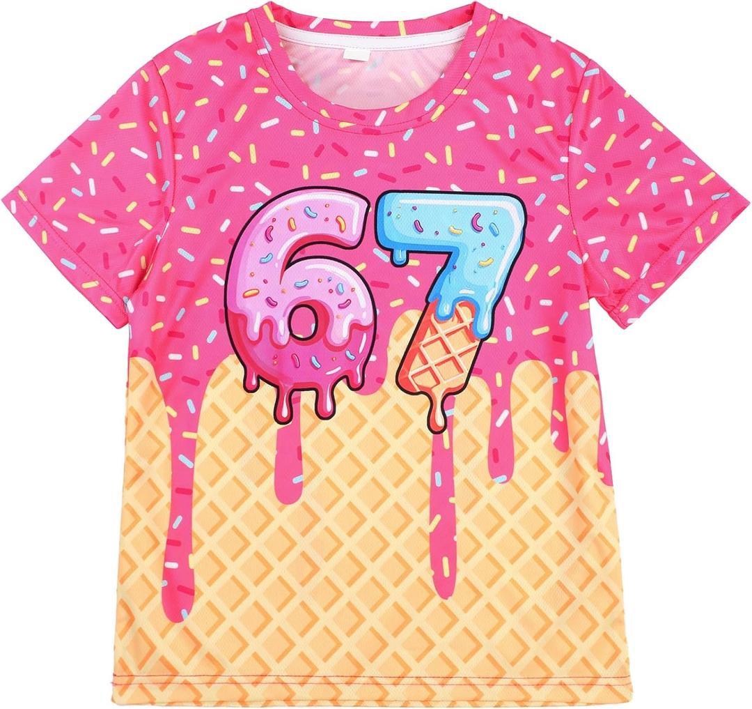 Skicuff 67 Dripping Ice Cream T-Shirts Creative Round Neck Short Sleeves for Boys Girls Daily Outfits Summer Party (Pink, L)