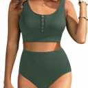Aqua Eve Women High Waisted Bikini Set Racerback Swimsuit Two Piece Bathing Suit High Neck Swimwear Button-Army Green L