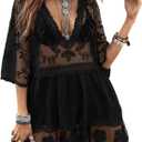 Eomenie Women's Contrast Lace Bathing Suit Cover Up V-Neck Swimsuit Coverups Loose Swimwear Beach Dress Beachwear (Black)