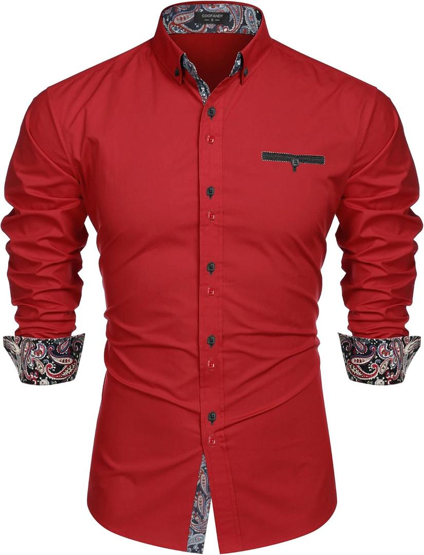 COOFANDY Mens Dress Shirt Long Sleeve Casual Button Down Paisley Shirts Party Wedding Dress Shirt (Red)