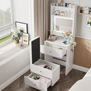 Vabches Make Up Vanity Desk with Mirror and Lights, White Vanity Table Set with Charger Station,Girls Small Vanity and Storage Chair