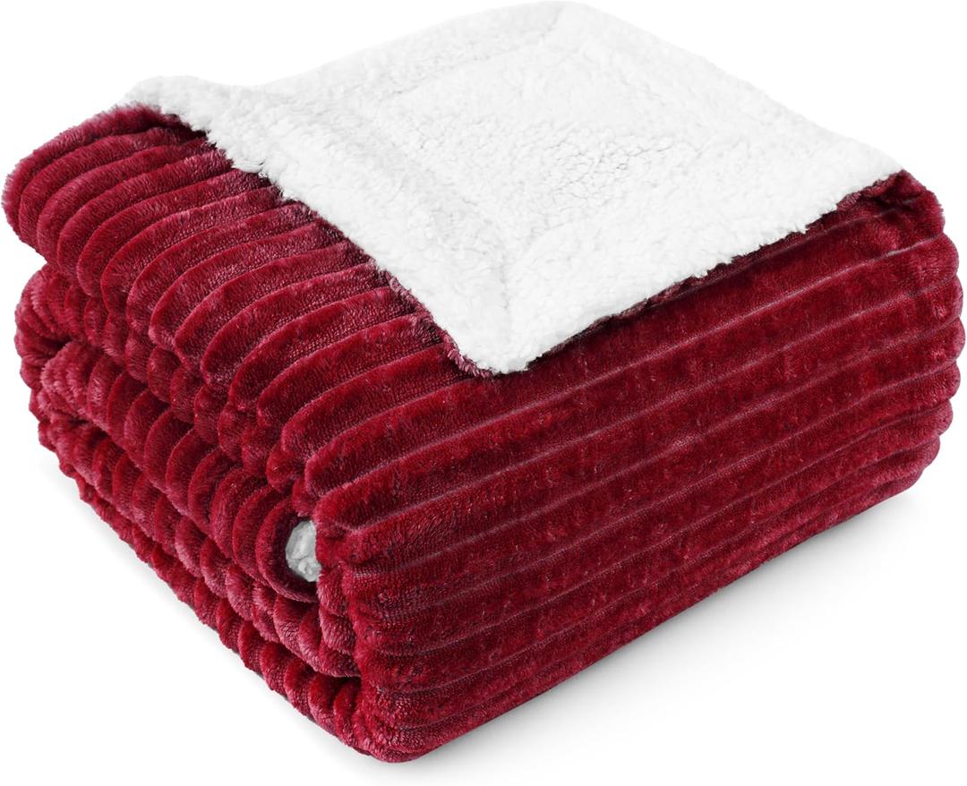 PAVILIA Wine Red Burgundy Sherpa Fleece Throw Blanket for Couch, Soft Plush Fuzzy Blankets, Fluffy Flannel Sherpa Blanket for Sofa, Warm 3D Ribbed Winter Blanket Gift, 50x60 inches