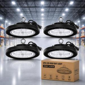 300W-4Pack UFO LED High Bay Light,30000lm 6000K Daylight 2000W Equivalent with US Plug Cable LED Garage Lights Commercial Warehouse Area Light Workshop Garage Factory Lowbay Area Lighting