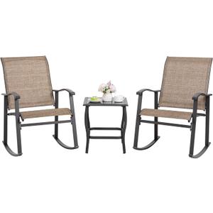 Shintenchi 3 Piece Rocking Bistro Set, Outdoor Furniture with Rocker Chairs and Glass Coffee Table Set of 3, Balcony, Porch Furniture for Small Space, Brown