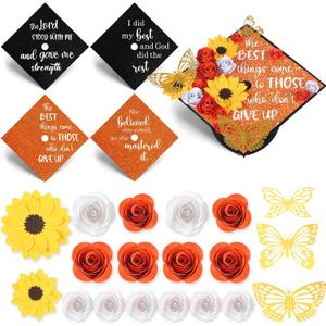 Gersoniel 36 Pcs DIY Graduation Cap Decorations Accessory Kit Handmade Paper Flowers Inspirational Cardstock 3D Butterfly Stickers for DIY Hat Grad Cap Topper Graduation Party Supplies(Orange)