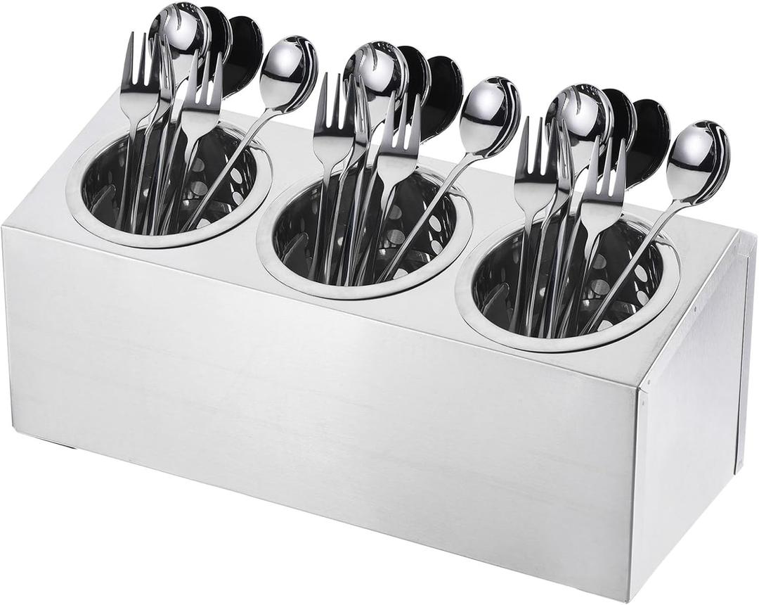 Uxcell Kitchen Utensil Holder, Stainless Steel Cylinder Flatware Silverware Utensil Holder with 3 Compartments, Caddy Drying Rack Countertop Silverware Organizer for Buffets (3 Holes)