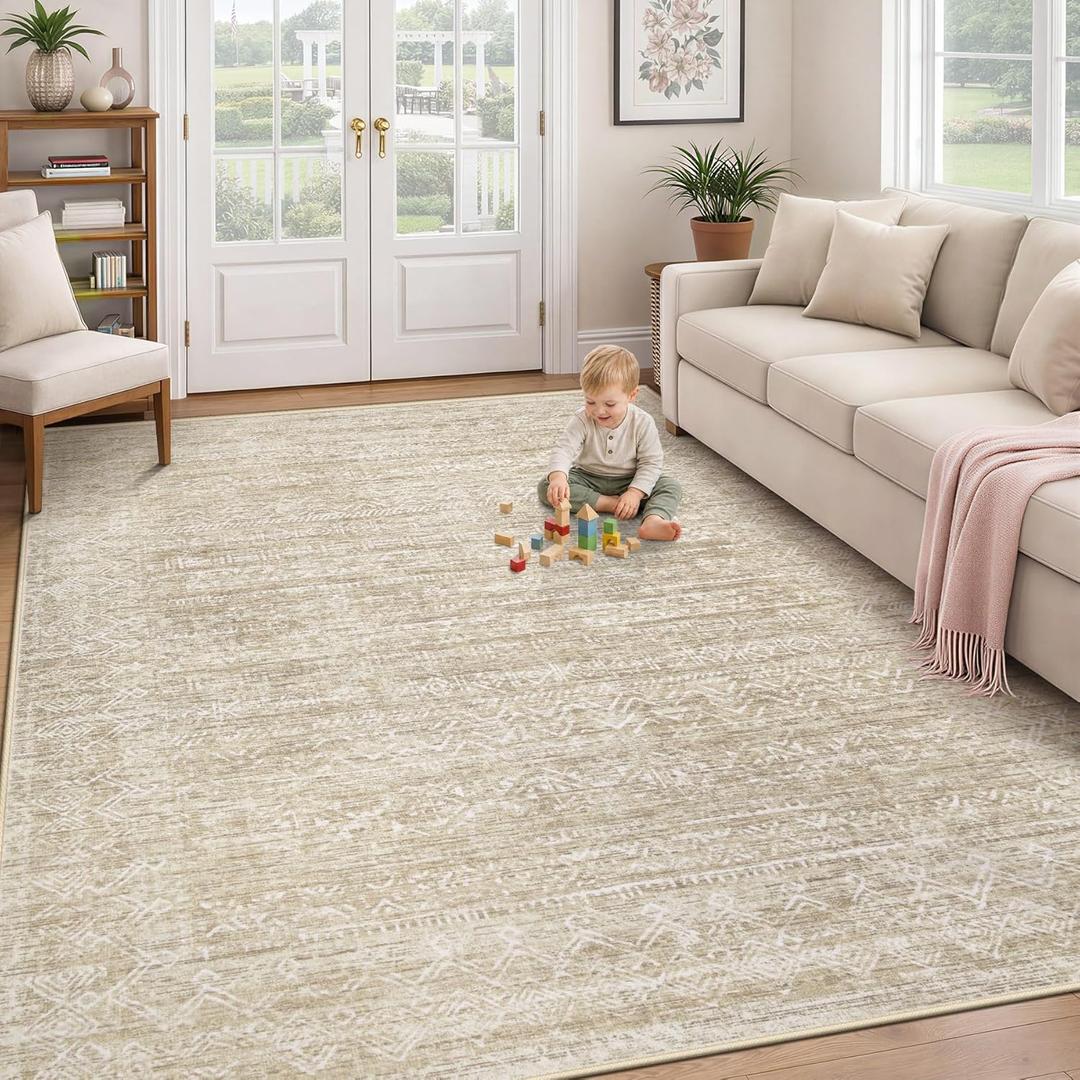 Washable Rug 6x9 Area Rugs: Modern Geometric Rugs for Living Room Non Slip Soft Low Pile Moroccan Indoor Carpet for Bedroom Nursery Dining Room Home Office Children's Room (Beige, 6'x9')